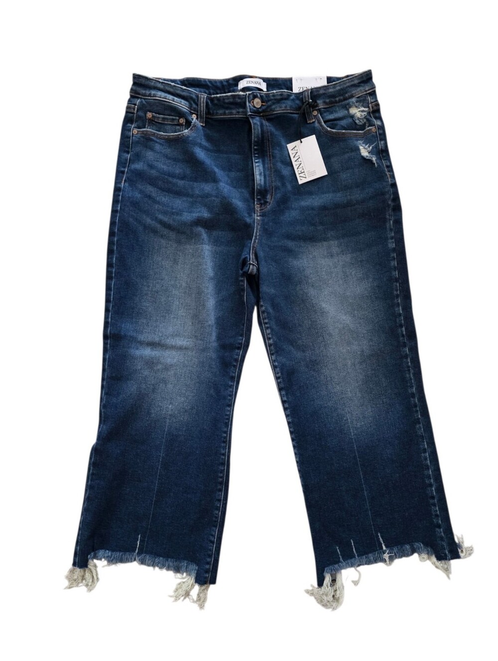 Zenana Outfitters Dark Blue Distressed Crop Wide-Leg Jeans. Woman's 36 XL NWT